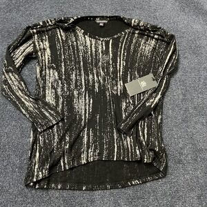 Rock & Republic Shirt Womens XL Black Metallic Abstract Stripe High Low Hem Top